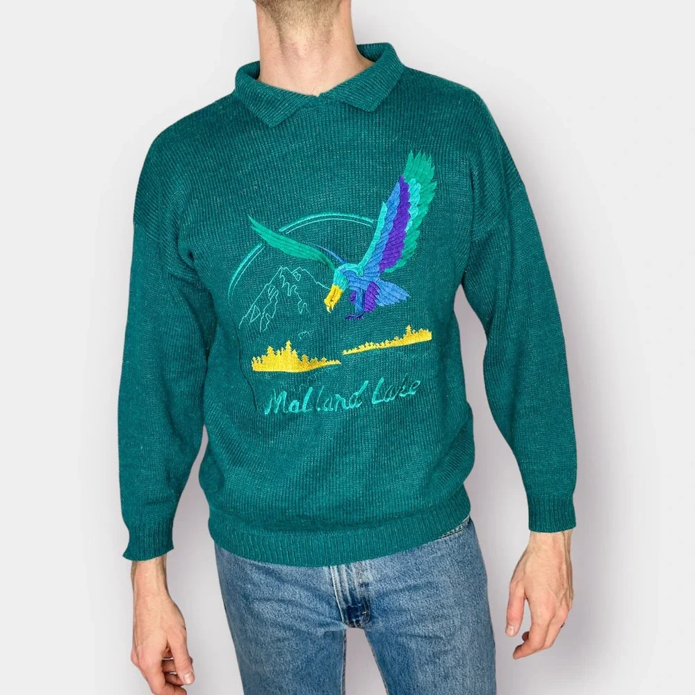 80s Knit Works Teal Lake Mallard Collared Sweater‎
